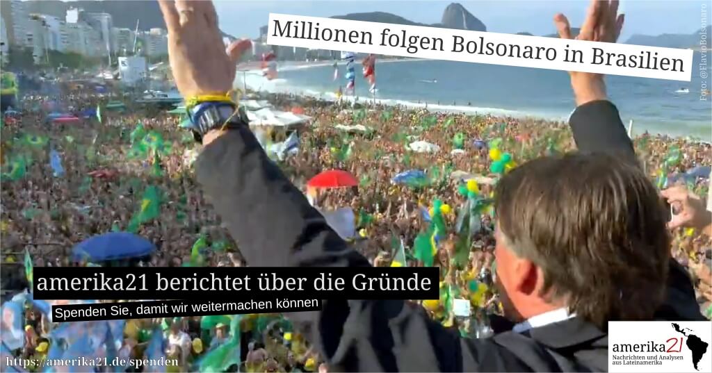 Spendenaufruf mit Bild des abgewählten brasilianischen Präsidenten Bolsonaro vor einer Menschenmasse