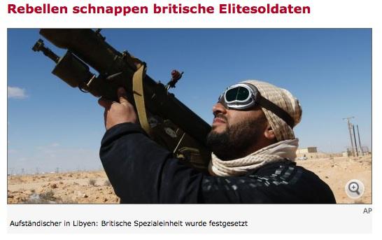 Titel zur Verhaftung des SAS-Kommandos bebildert Spiegel-Online mit moderner Boden-Luft-Rakete in der Hand von Aufständischen