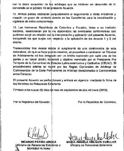 Seite des Abkommens mit den Unterschriften des Außenminister von Ecuador und seiner kolumbianischen Amtskollegin