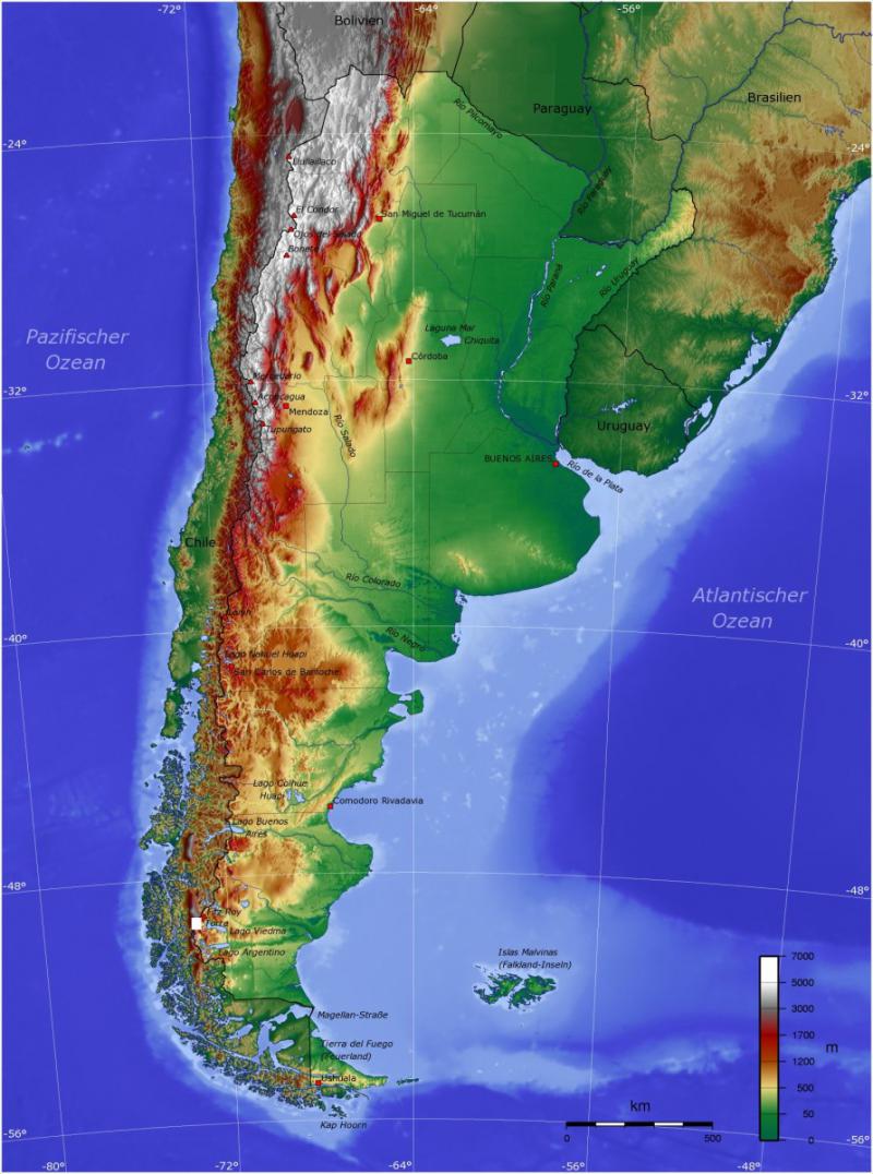 Argentinien, unten die Islas Malvinas (Falkland-Inseln)