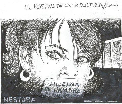 Porträtzeichnung von Nestora Salgado. Unten: "Hungerstreik"