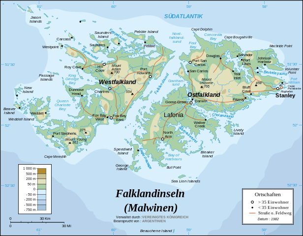 Auf die Malwinen (Falkland-Inseln) im Südatlantik erheben Großbritannien und Argentinien Anspruch