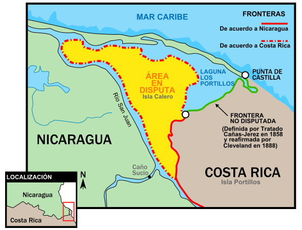 Das umkämpfte Gebiet befindet sich an der Mündung des Río San Juan an der karibischen Küste zwischen Costa Rica und Nicaragua