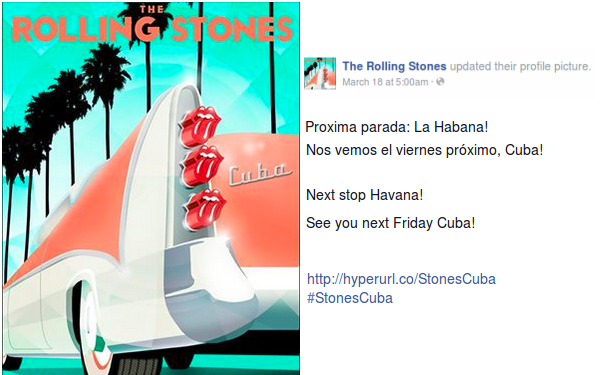 Ankündigung auf der Facebook-Seite der Stones:
"Nächster Stopp: Havanna! Wir sehen uns am kommenden Freitag, Kuba!"