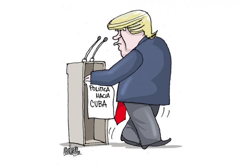 "Schritte rückwärts": Karikatur des bekannten kubanischen Zeichners Alfredo Martirena zur Kuba-Politik von US-Präsident Trump