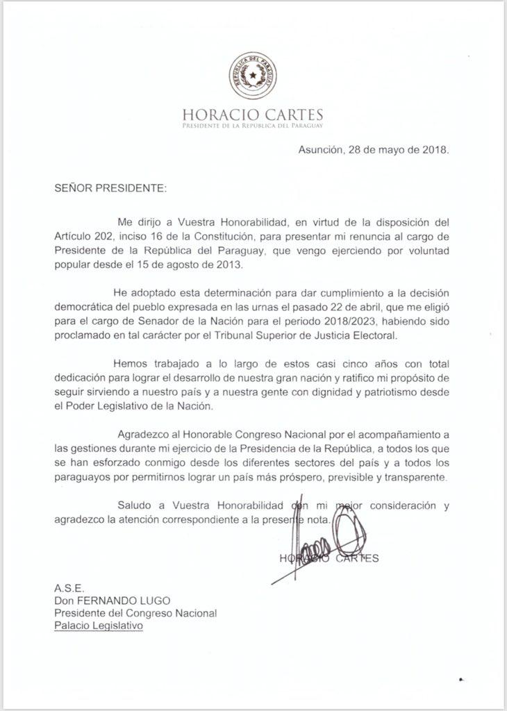 Mit diesem Schreiben hat der noch amtierende Präsident von Paraguay, Horacio Cartes, seinen Rücktritt eingereicht