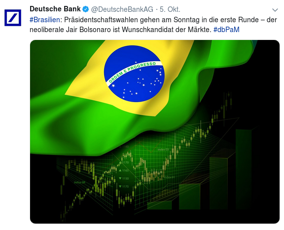 Als "Wunschkandidat der Märkte" bezeichnete die Deutsche Bank Bolsonaro in einer Mitteilung zur ersten Wahlrunde im Kurznachrichtendienst Twitter und erntete dafür heftige Kritik