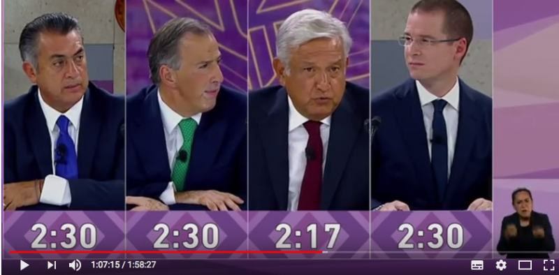 Die vier Präsidentschaftskandidaten in Mexiko bei der letzten TV-Debatte im Maya-Museum in Mérida auf der Halbinsel Yucatán in Mexiko (Screenshot)