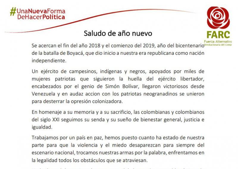 Grußbotschaft der Partei Alternative Revolutionäre Kraft des Volkes (Farc) zum neuen Jahr