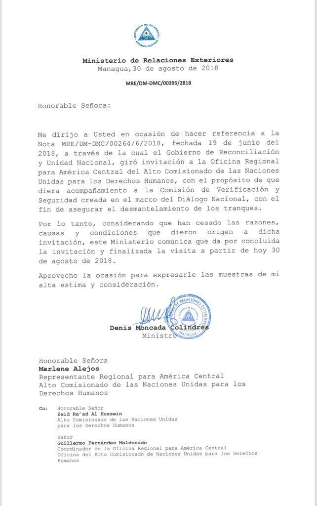 Dieses Schreiben ist Grundlage für die Beendigung der UNHCR-Mission in Nicaragua