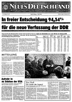 Titelseite des "Neuen Deutschland" nach der Volksabstimmung in der DDR 1968