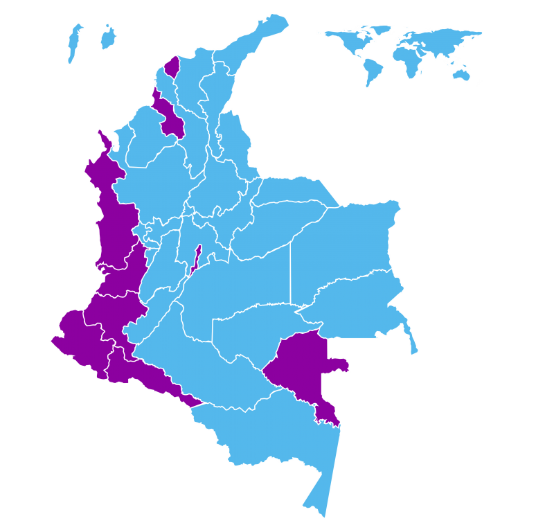 Wahlergebnisse in Kolumbien: In den lila markierten Regionen gewann Gustavo Petro, in den hellblauen Departments Iván Duque
