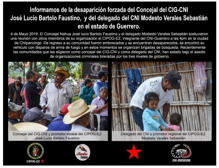 Anzeige von CNI, CIG und EZLN nach der Entführung der Aktivisten José Lucio Bartolo Faustino und Modesto Verales Sebastián