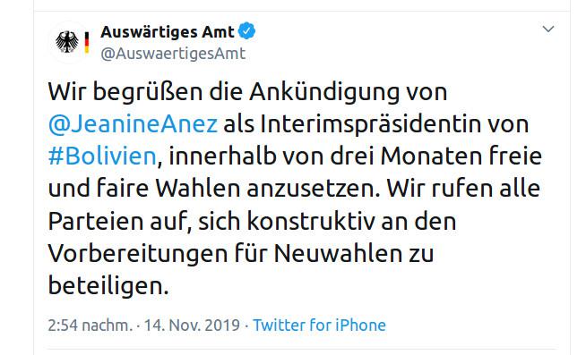 Tweet des deutschen Außenministeriums, der die Selbsternennung von Añez begrüßt