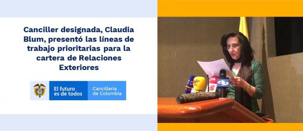 Am 14. November stellte Blum in der kolumbianischen Botschaft in Washington die Außenpolitik ihrer Regierung vor und betonte die Anerkennung Guaidós als rechtmäßigem Präsidenten von Venezuela