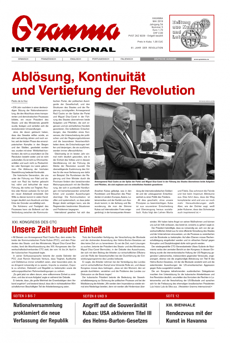 Titelseite der deutschsprachigen Granma vom Mai 2019