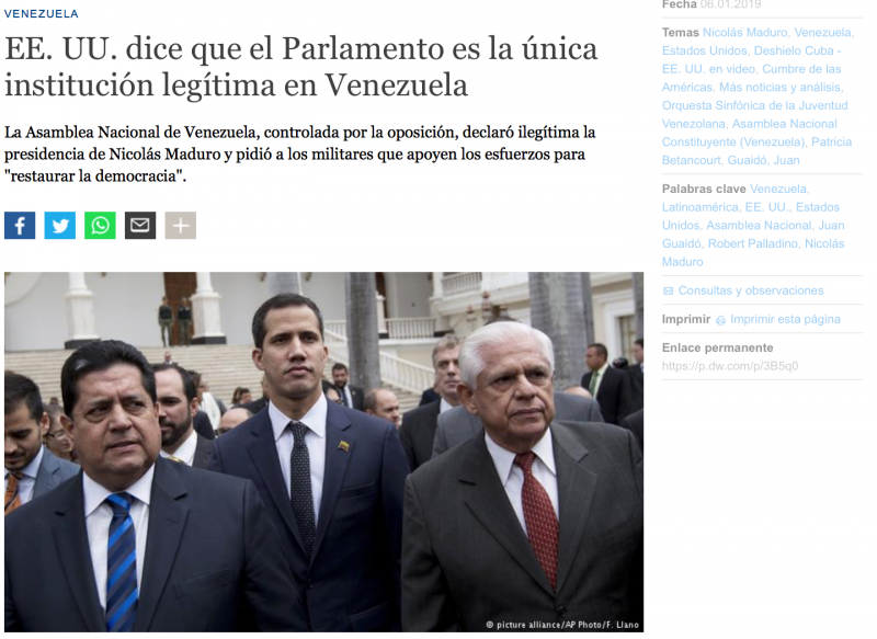 Der deutsche Botschafter Kriener halb verdeckt im Hintergrund rechts neben Guaidó, hier in einem Text des Auslandssenders Deutsche Welle