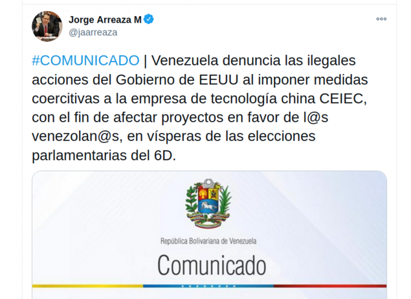 Die Regierungen von Venezuela und China protestieren gegen die Sanktionierung legitimer Geschäftsbeziehungen durch die USA