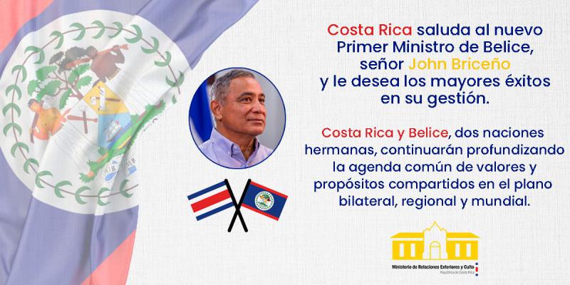 Costa Rica gratuliert dem neuen Premierminister von Belize, Johnny Briceño.