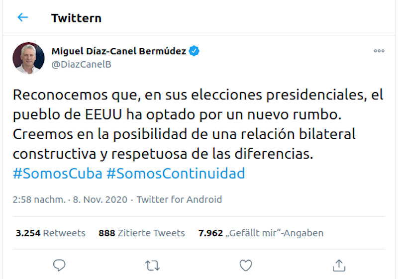 Kubas Präsident Miguel Díaz-Canel kommentiert den Ausgang der US-Wahlen