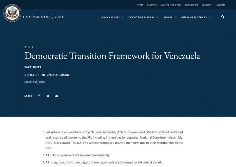 Die US-Regierung legte am 31. März ihren Plan "für einen friedlichen demokratischen Übergang in Venezuela" vor