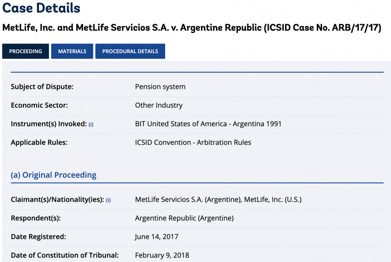Exemplarisch einige Details des Falls "MetLife gegen Argentinien" vor dem Schiedsgericht wegen Investitionsstreitigkeiten der Weltbank (ICSID) (Screenshot)