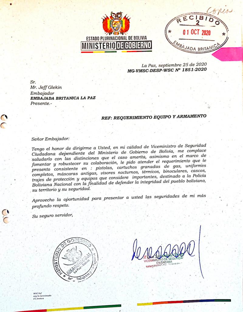 Brief von De-facto-Vizeminister Wilson Santamaría an die britische Botschaft