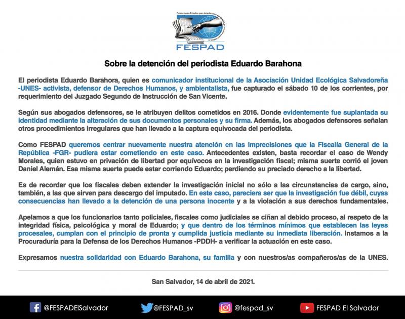 Menschenrechtsorganisation in El Salvador setzt sich für den Journalisten Eduardo Barahona ein