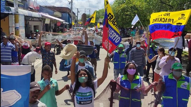 Protest gegen das Fracking-Pilotprojekt in Puerto Wilches im Departamento de Santander