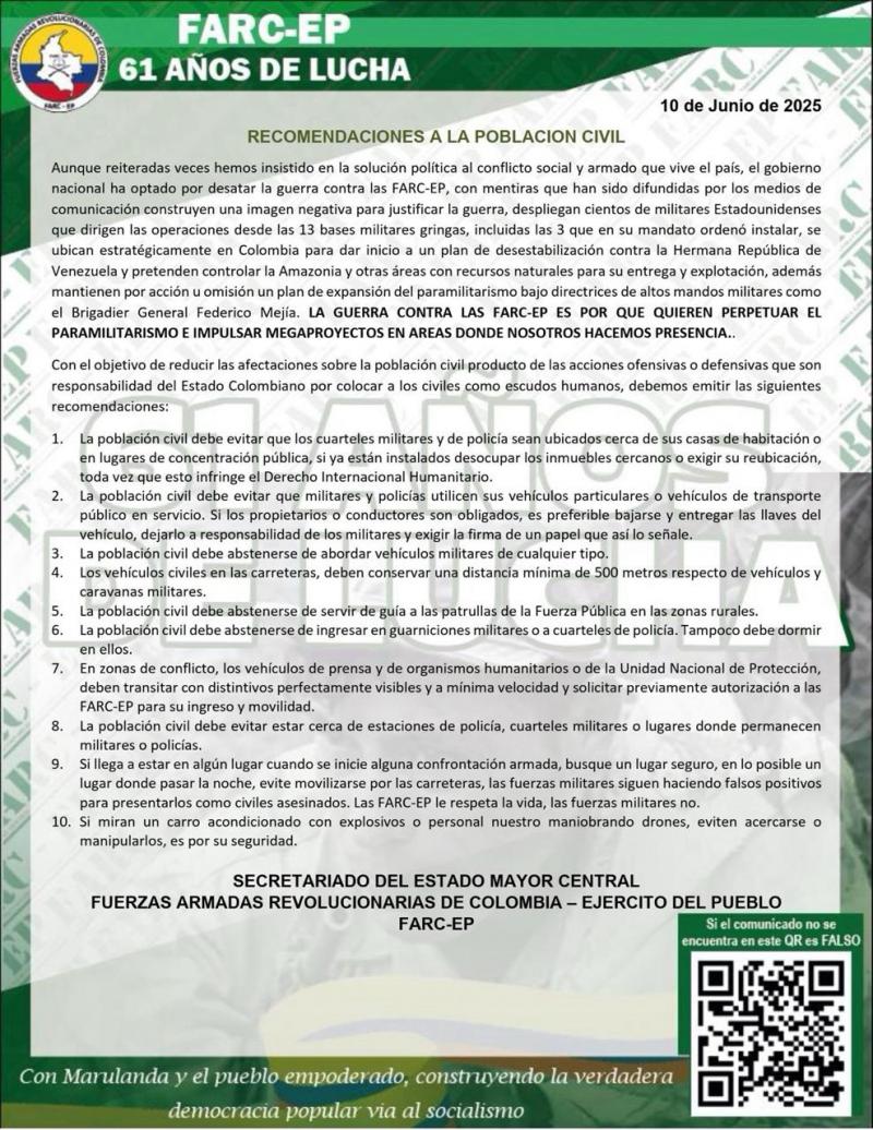 Die Farc veröffentlichte dieses Pamphlet, um die Bevölkerung zu warnen, und kündigt darin Anschläge an