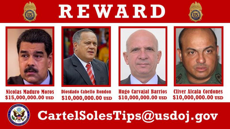 Nicht nur Maduro, auch andere hochrangige Politiker werden von den USA wegen Drogenschmuggel gesucht. Dieses Plakat ist von 2020.