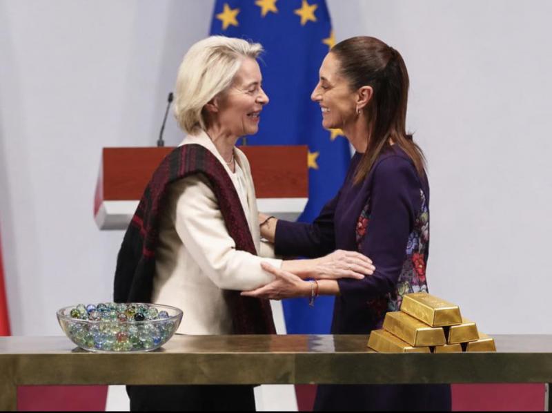 Heftige Kritik an neuem Freihandelsvertrag. Die Bildcollage von Raúl Benet suggeriert einen ungleichen Tauschhandel zwischen der EU und Mexiko