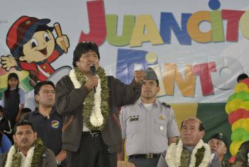 Evo Morales bei der Feierlichen Zeremonie zur Auszahlung von "Juancito Pinto"