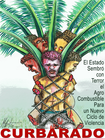Zeichnung verstümmelter Opfer des Paramilitarismus als Teile eines Palmölbaums