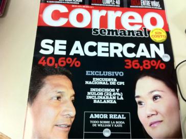 Titel der Zeitschrift Correo mit dem Ergebnis einer Wahlumfrage von Ende April. Links Humala und rechts Fujimori