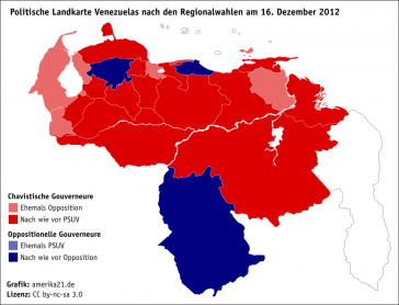 Politische Landkarte nach den Regionalwahlen in Venezuela am 16. Dezember 2012