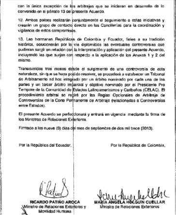 Seite des Abkommens mit den Unterschriften des Außenminister von Ecuador und seiner kolumbianischen Amtskollegin Seite des Abkommens mit den Unterschriften des Außenminister von Ecuador und seiner kolumbianischen Amtskollegin