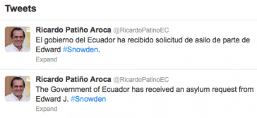 Twitter-Meldungen von Ecuadors Außenminister Ricardo Patiño