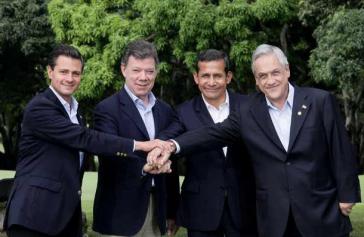 Die Präsidenten der vier Mitgliedsstaaten Enrique Peña Nieto (Mexiko), Juan Manuel Santos (Kolumbien), Ollanta Humala (Peru) und Sebastián Piñera (Chile) Die Präsidenten der vier Mitgliedsstaaten Enrique Peña Nieto (Mexiko), Juan Manuel Santos (Kolumbien), Ollanta Humala (Peru) und Sebastián Piñera (Chile)