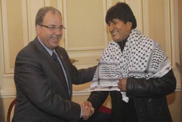 Präsident Morales empfängt Palästinenser-Vertreter Jihad Khalil Al Wazir im April 2013 in La Paz Präsident Morales empfängt Palästinenser-Vertreter Jihad Khalil Al Wazir im April 2013 in La Paz