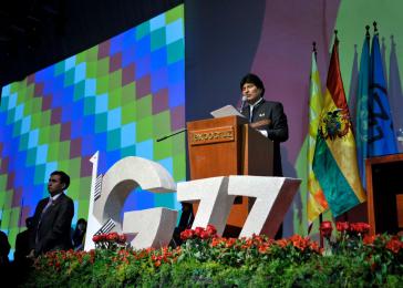 Boliviens Präsident Evo Morales bei seiner Rede in Santa Cruz
