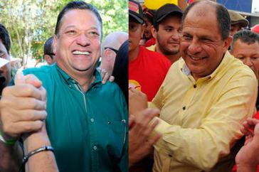 Luis Guillermo Solís von der PAC und Johnny Arara von der PLN (v.r.n.l.) werden den zweiten Wahlgang am 6. April 2014 bestreiten