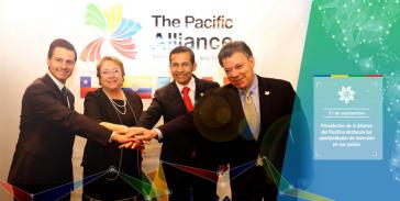 Die Staatsoberhäupter der Pazifik-Allianz (von links nach rechts): Enrique Peña Nieto Mexiko), Michelle Bachelet (Chile), Ollanta Humala (Peru) und Juan Manuel Santos (Kolumbien)