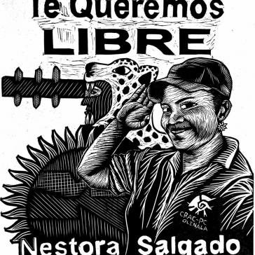 Plakat in Solidarität mit Nestora Salgado: "Wir wollenn dich in Freiheit"