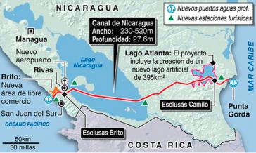 Die geplante Route des Nicaragua-Kanals