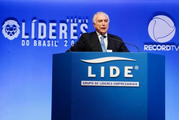 Gerät weiter unter Druck: Brasiliens nicht gewählter Präsident Temer. Hier während  seiner Ansprache bei der Verleihung des "Prêmio Lideres do Brasil" am Montag
