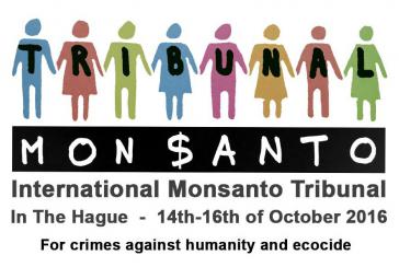 Plakat zum Monsanto-Tribunal "wegen Verbrechen gegen die Menschheit und Ökozid"