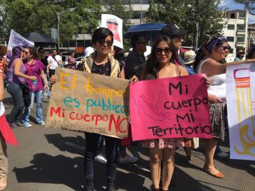 Frauen mit Bannern bei Protestmarsch