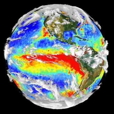 3-D-Visualisierung des El Niño von 1997/98. Lateinamerika ist von diesem mit dem Klimawandel einhergehenden Phänomen stark betroffen