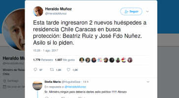 Tweed von Chiles Außenminister: "Heute Nachmittag kamen zwei weitere Gäste in die Botschaft von Chile in Caracas, um Schutz zu suchen. Asyl, wenn sie darum bitten."